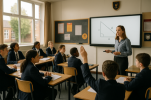 Teacher leading UK class with uniformed pupils