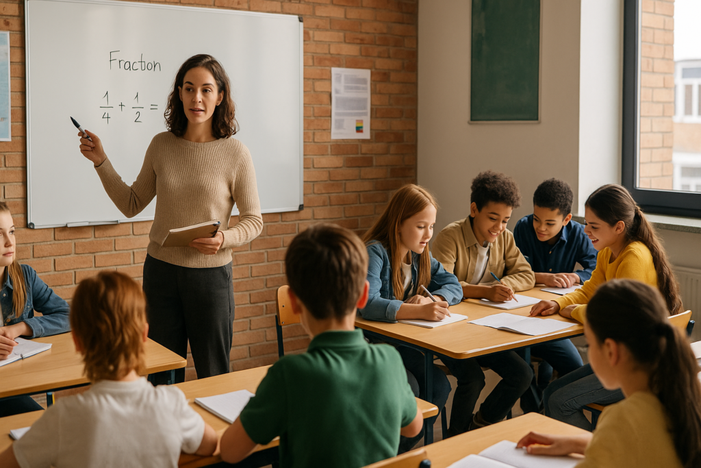 Teacher instructing pupils, classmates collaborating together