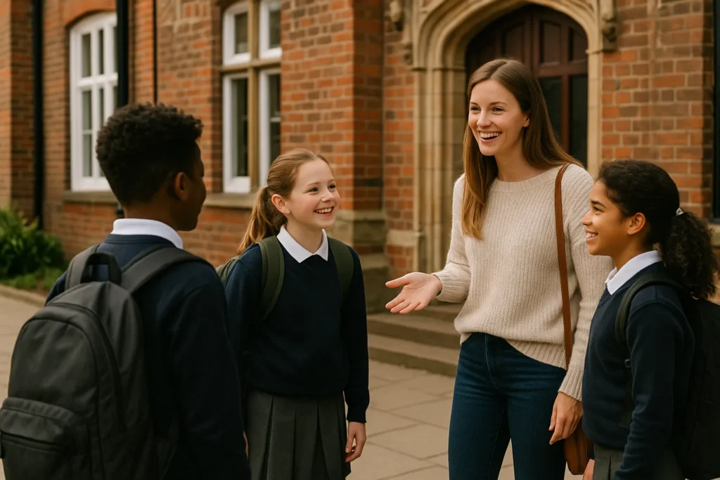 Teacher engaging with students outside British school building