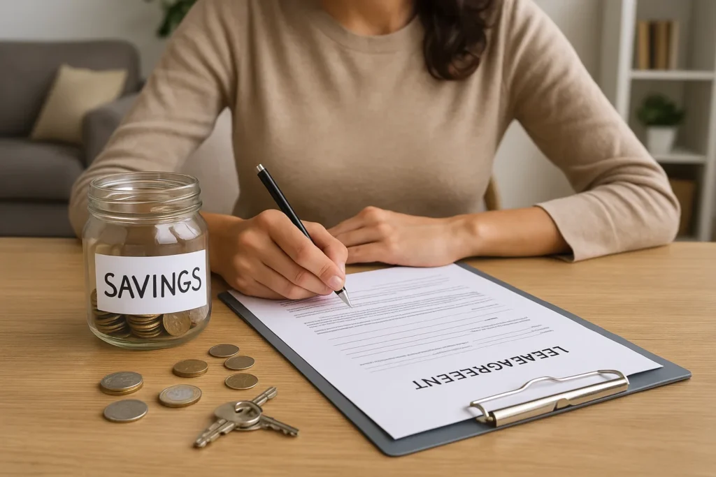 Tenant saving money and signing lease agreement