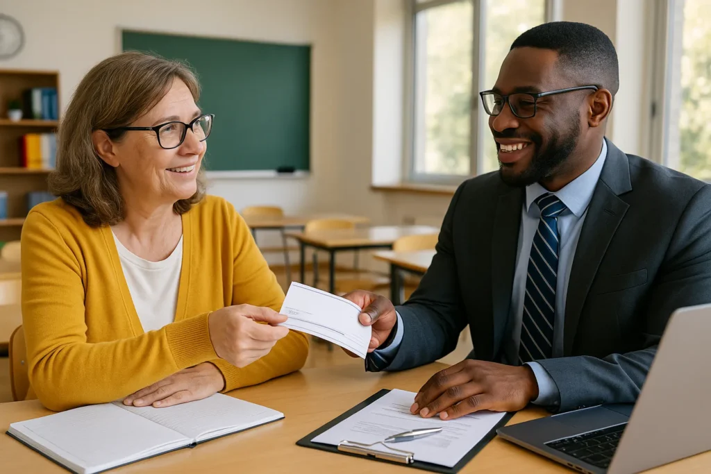 Teacher receiving financial support in classroom setting