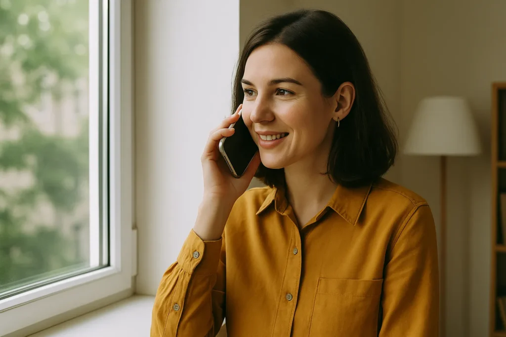 Smiling woman talking on smartphone by window