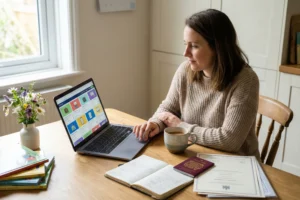 A woman sits at a kitchen table with a laptop, passport, and teaching certificates as she researches school vacancies. The scene reflects UK teacher recruitment with a warm home setting and an organised workspace.