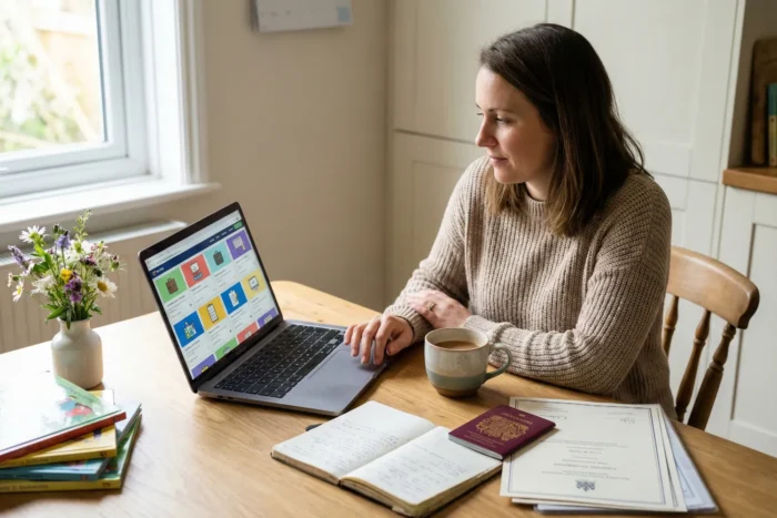 A woman sits at a kitchen table with a laptop, passport, and teaching certificates as she researches school vacancies. The scene reflects UK teacher recruitment with a warm home setting and an organised workspace.